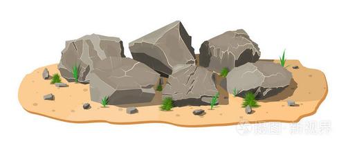 沙子上有草的石头堆插画-正版商用图片0qrpd1-摄图新