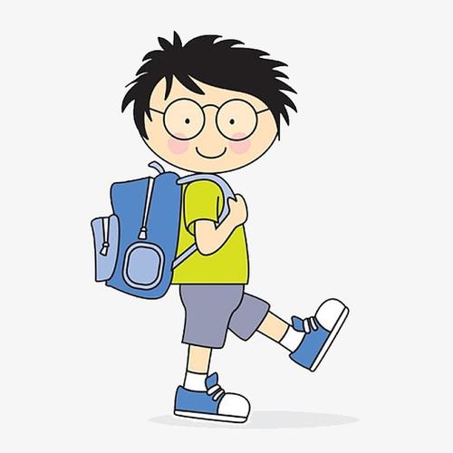 手绘卡通学生背着书包上学去