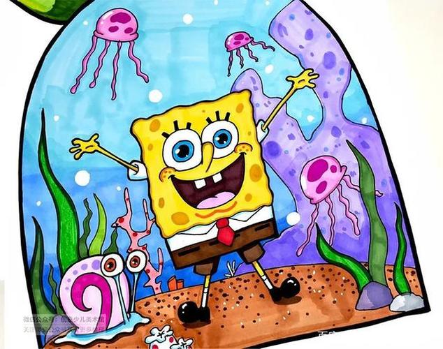 选择合适颜色的水彩笔 为海绵宝宝涂上特征鲜明的色彩