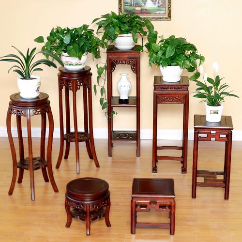 客厅花架实木老榆木实木中式置物架单个绿萝花盆架落地仿古红木色