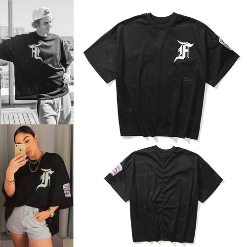 fearofgodt恤,fearofgodlogo fear of god fog网眼短袖t恤男女宽松高街侃爷比伯袖章落肩半袖