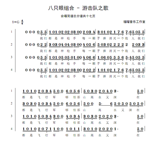 八只眼组合 - 游击队之歌 四旋律伴奏 合唱简谱乐队正谱五线谱