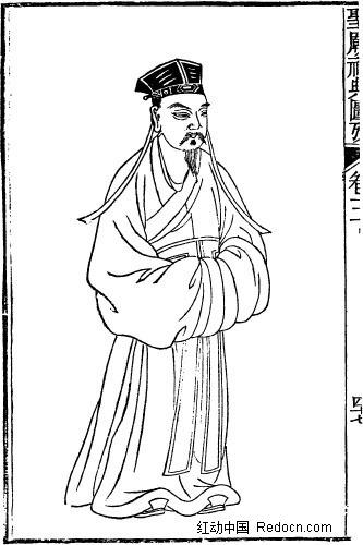 古代人物白描图-双手放身前的戴着帽子的男子古代人物插画-双手放在身