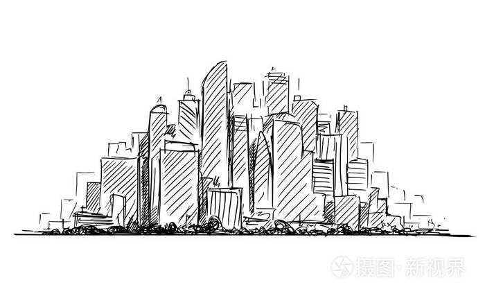 普通城市高层建筑景观与摩天大楼的矢量艺术素描插画-正版商用图片05m