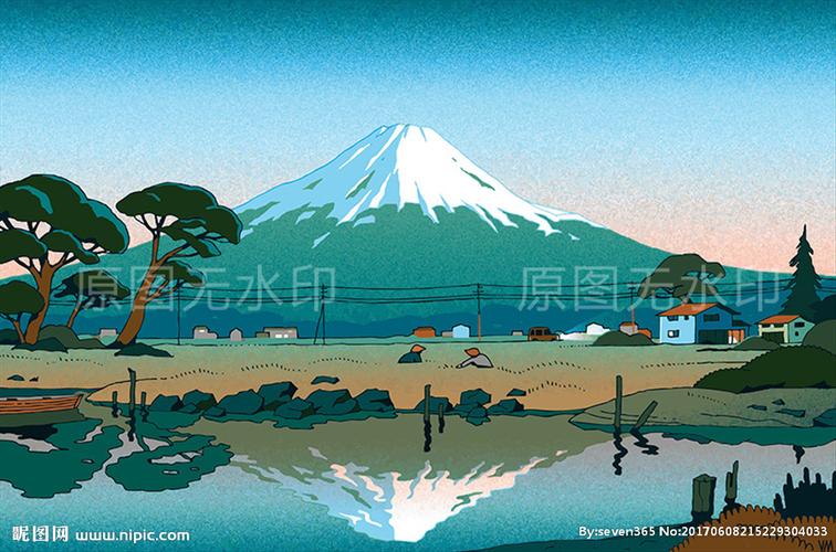 日本富士山旅游风景名胜手绘插图图片