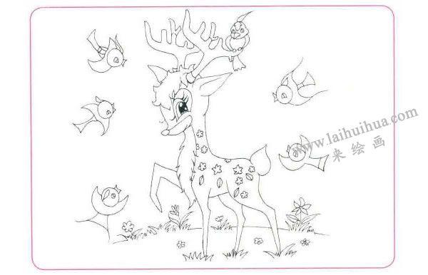 优雅的梅花鹿儿童线描画法步骤详解 - 莱绘画网