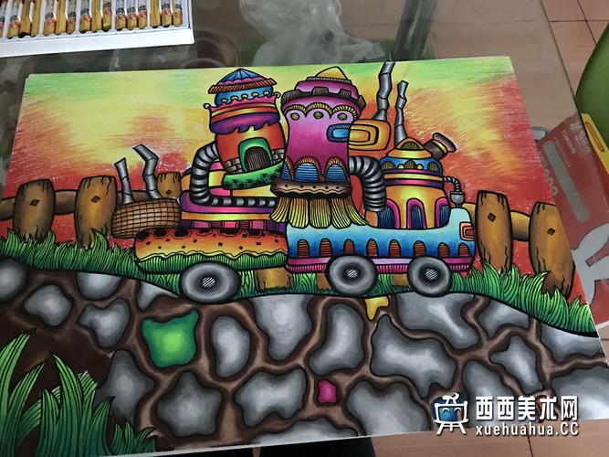 三等奖小学生获奖科幻画《新能源汽车城堡》欣赏