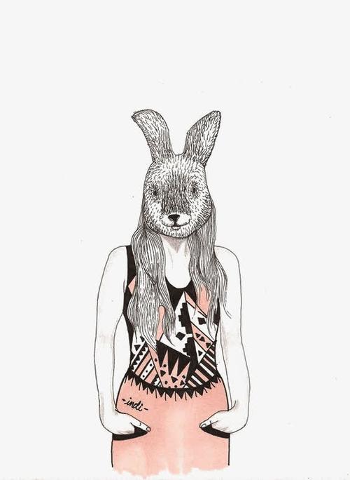 关键词 : 卡通女孩,兔头,兔子,动物,创意插画,合成