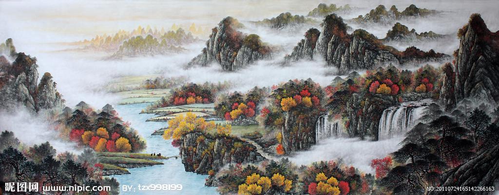 国画秋景山水画图片