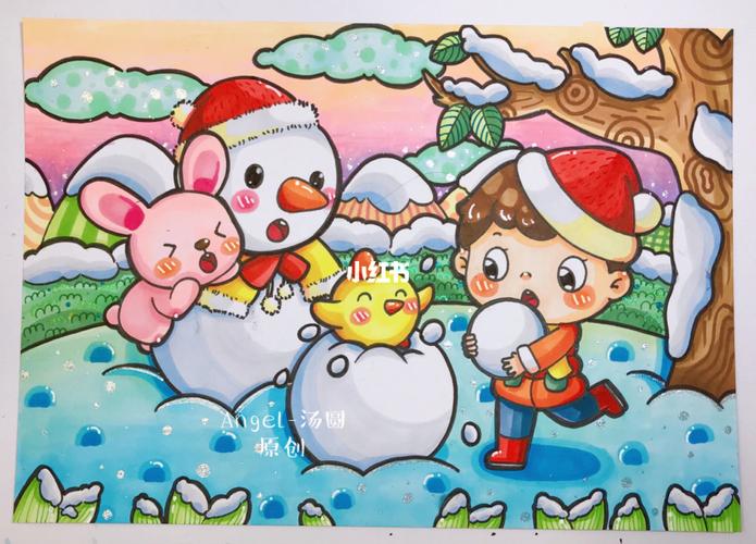 原创《堆雪人》|冬天儿童画_儿童画_冬天去哪玩_儿童画_母婴_早教