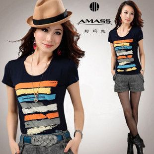 哥弟阿玛施旗舰店正品女装2014夏款韩版七彩条纹大码短袖t恤amass