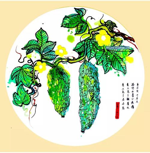 线描画长长藤上挂苦瓜