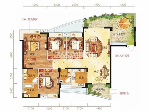 成都雅居乐花园五期88栋标准层f2户型4室2厅3卫1厨 203.00㎡