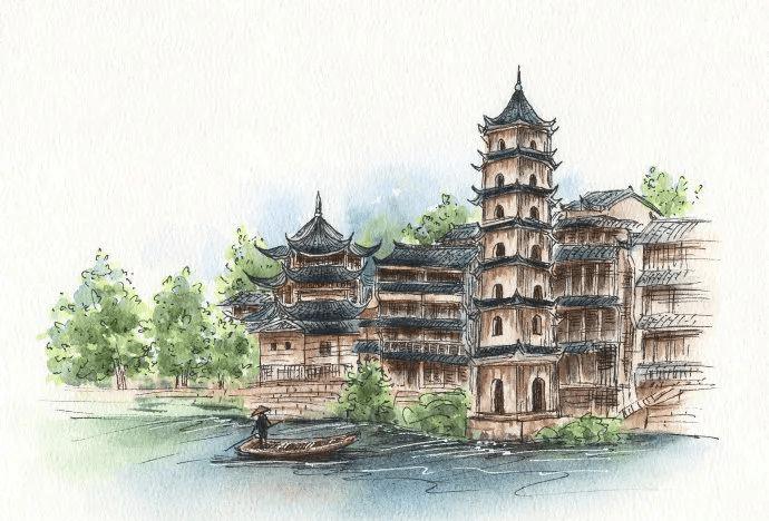 钢笔淡彩古建筑江南水乡
