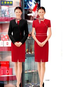 酒店前台连衣裙学校学生制服迎宾礼仪工作服女短袖红色套装春装