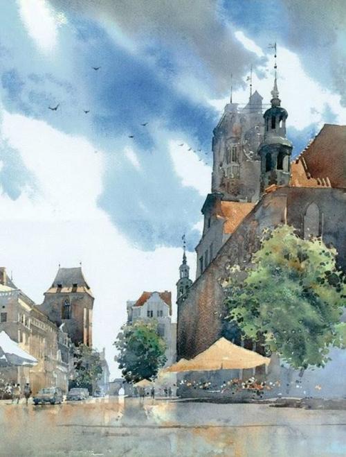 水彩风格欧洲城市建筑与风景绘画插画师michalsuffczynski