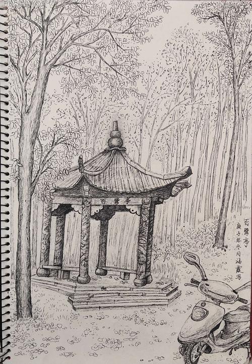 只有亭子是看着照片画的,其他的都是拼凑着画的.