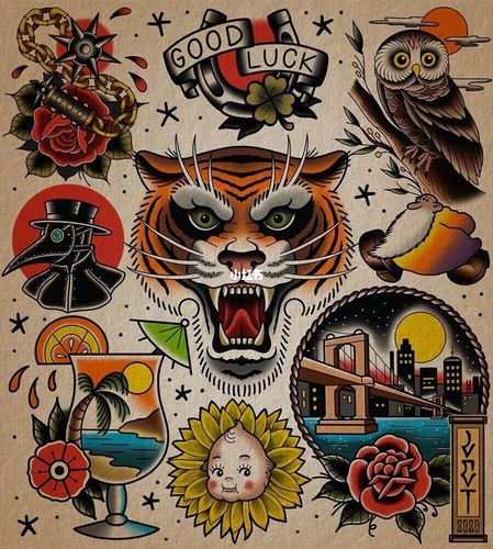 欧美复古oldschool花臂纹身刺青图案_纹身_复古_oldschool纹身_美妆