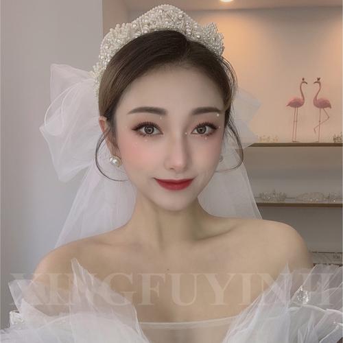 新娘配饰造型白纱结婚礼冠发圆形王冠发一体仙头头纱