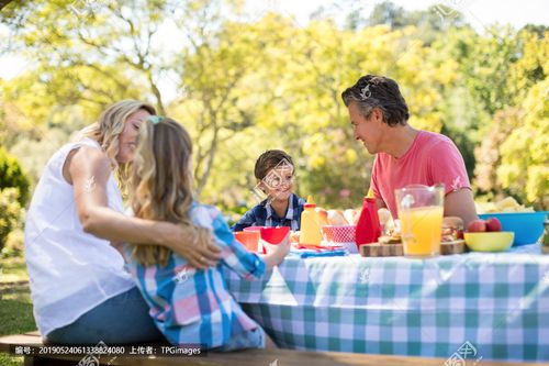 在阳光明媚的日子里,在公园里吃饭,快乐的家人互相交流.