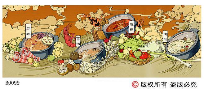定制火锅店大型壁画复古手绘卡通小吃店墙纸饭店酒楼餐厅背景壁纸