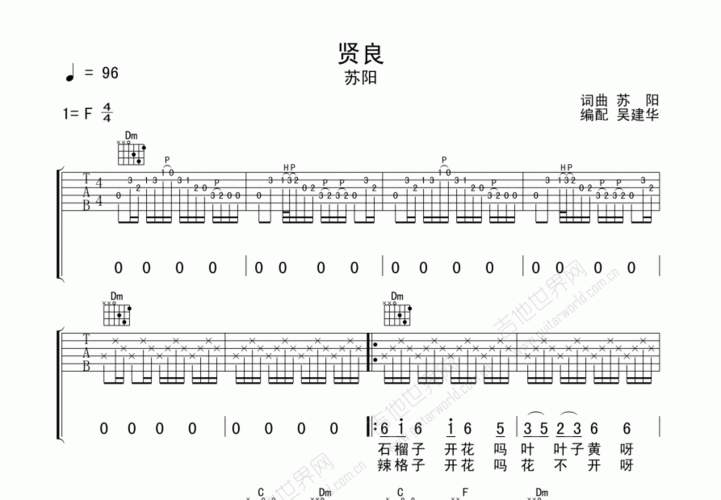 苏阳贤良吉他谱f调弹唱 - 吉他世界网