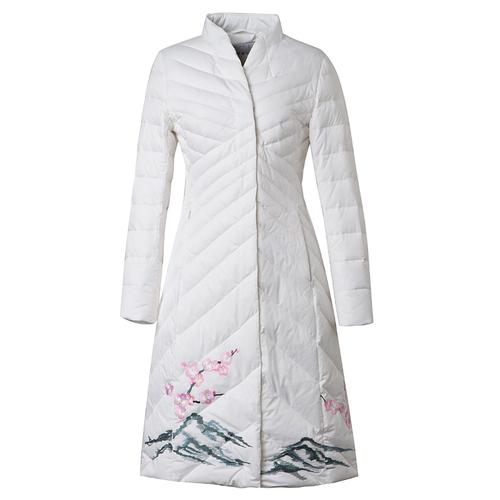 雪国天娇中国国风冬季羽绒服梅花绣花长款白鸭绒羽绒服