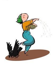 一个女人撒种子旁边蹲一只黑乌鸦