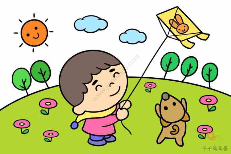 放风筝的小男孩简笔画放飞风筝放飞梦想儿童画简笔画