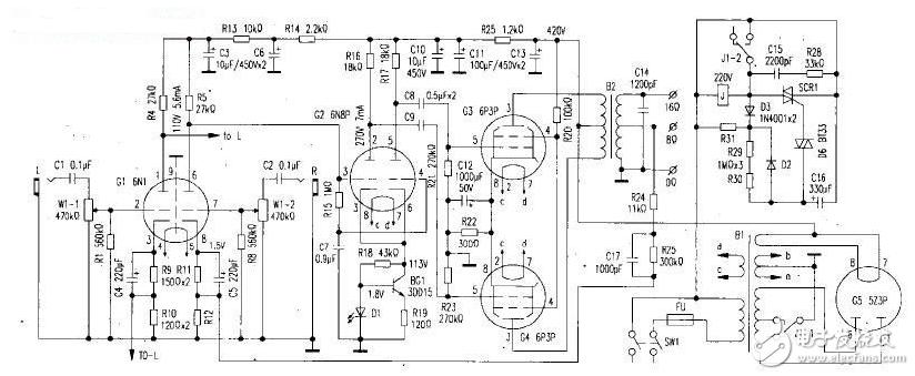 fu7电子管功放电路图大全6n8p6p3p胆机功放电路耦合电容器