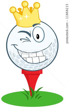 happy golf ball cartoon character with gold crown winking
