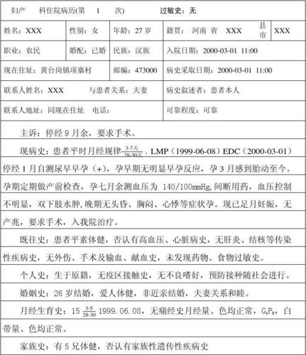 病历模板  希望您采用 xxx区xxx卫生院 住  院  病  历 科别: 妇产科