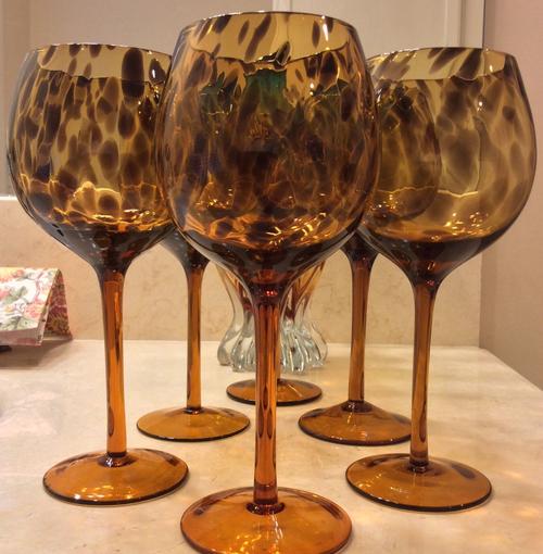set of 6 tortoise shell wine goblets amber spatter glass