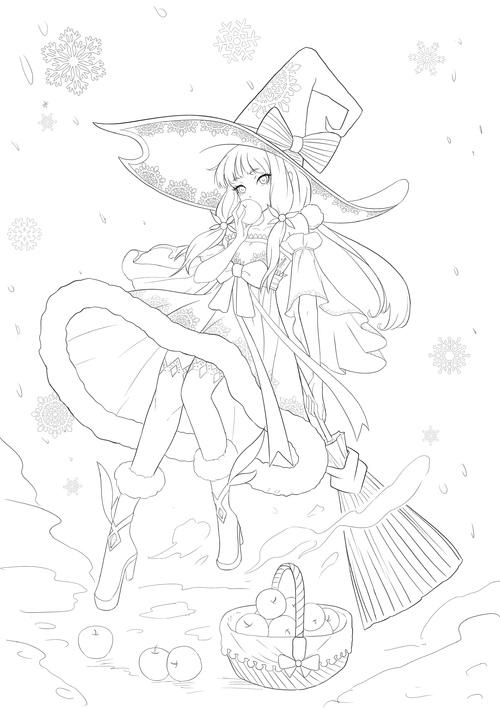 去年帮别人画的一组插画线稿,原创小魔女,冬小魔