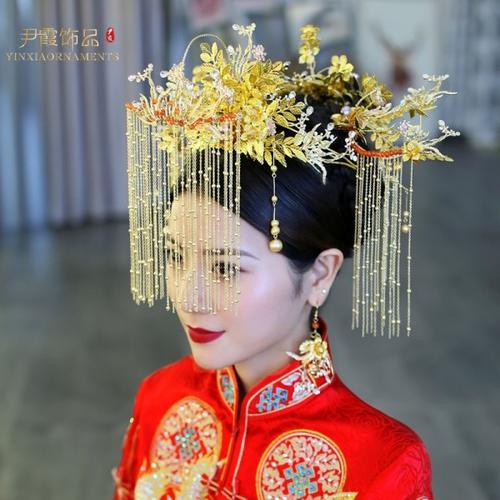 购客尹霞饰品中式新娘凤冠古装 婚礼流苏面帘金色秀禾服头饰原创手工
