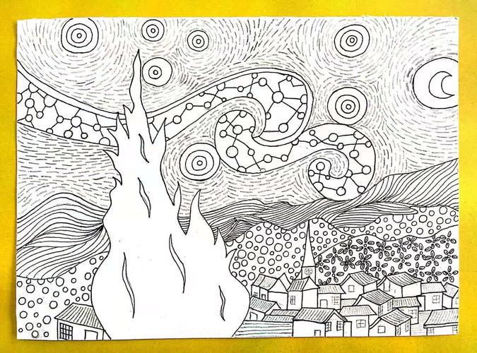 经典名画梵高的星空线描再创作