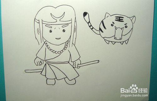 3     然后,用黑色彩色笔画出武松的衣服和腿脚的图形,并画出鞋子的