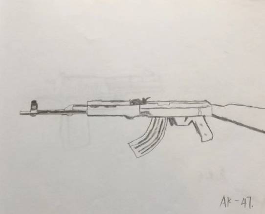 首先,他画出了ak47,由于条件有限,他并没有用水彩笔上色,但是仅凭前臂
