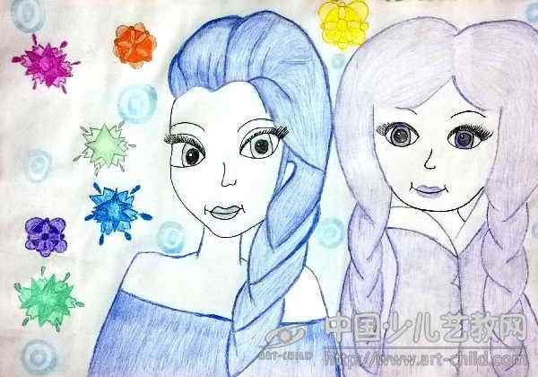 儿童画-冰雪姐妹-《少儿画苑》第20届国际少儿书画大赛获奖作品