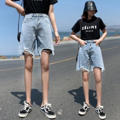 实拍短裤女2020夏宽松韩版破洞高腰显瘦百搭直筒阔腿五分牛仔裤