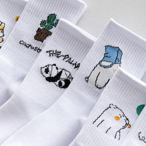 ina韩版简约白袜子 网红潮款设计感萌宠小白熊印花中筒袜批发外贸