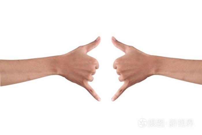 一个人显示手势的意思是呼叫和电话隔离在白色背景与笔记空间