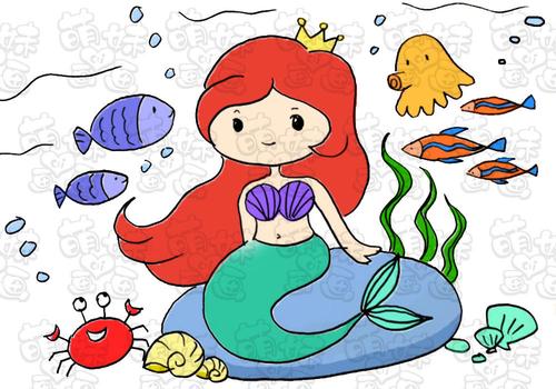 童话故事简笔画神秘海底世界里的美人鱼公主涂上漂亮的颜色吧