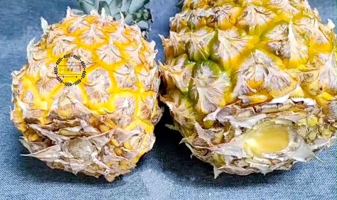 如果果心发白发黄且略带湿润,说明是新鲜菠萝,而如