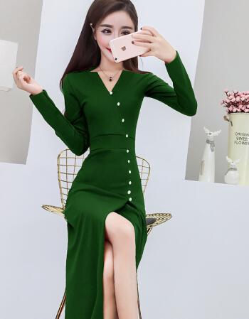晚礼服高开叉性感夜店连衣裙长裙秋冬2017新款夜场女装潮 墨绿色 s