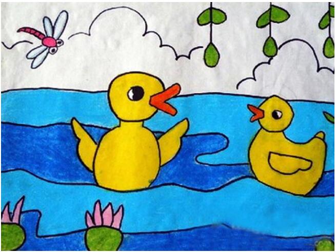 小鸭子游泳怎么画 涂色小鸭子儿童画图片