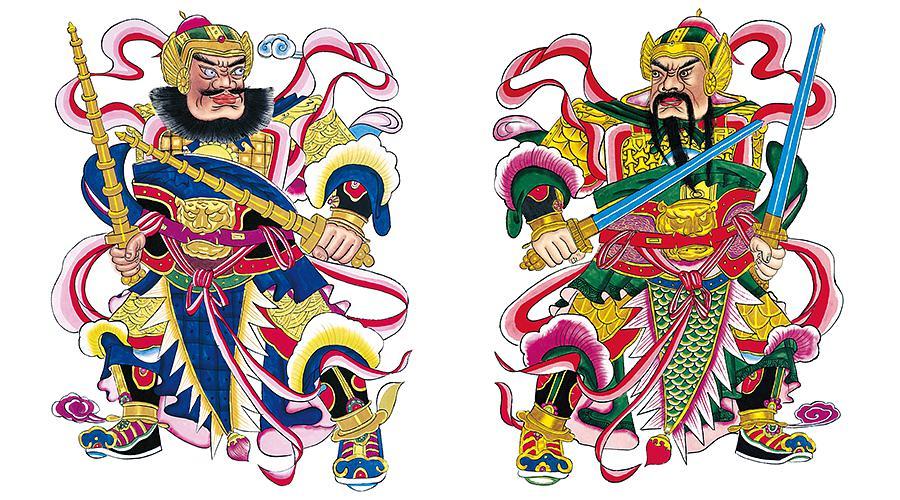 门神画像(左持鞭者为敬德,右持锏者为秦琼)