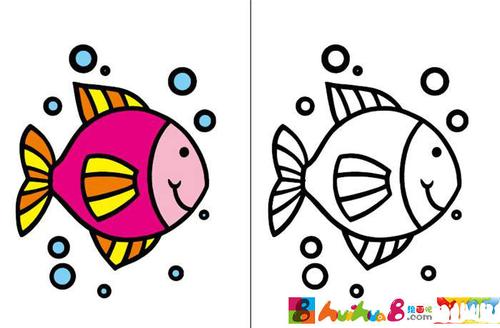 儿童简笔画,彩色涂色简笔画,漂亮的小鱼儿简