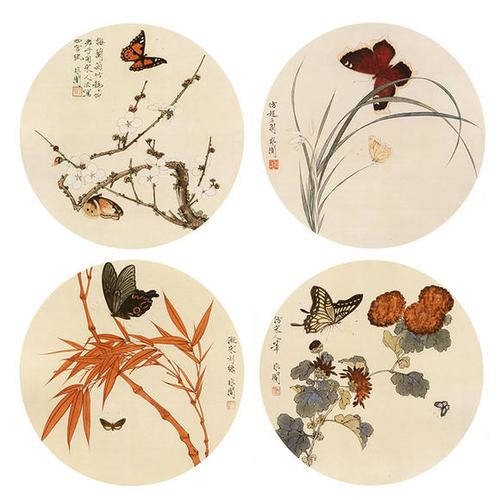 于非暗白描底稿-圆形工笔花鸟-梅兰竹菊-yf71