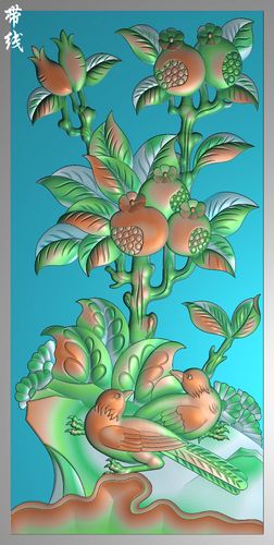 精雕多子多福石榴花鸟竖板挂屏浮雕灰度图木砂岩雕刻